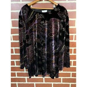Coldwater Creek Purple Abstract Velvet Long Bell Sleeve Blouse Size XL Goth Chic